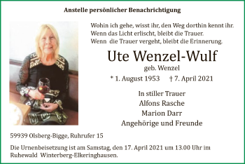 Todesanzeige von Ute Wenzel-Wulf von WA