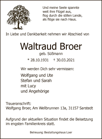 Todesanzeige von Waltraud Broer von WA