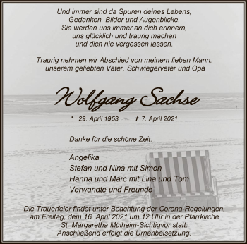 Todesanzeige von Wolfgang Sachse von WA