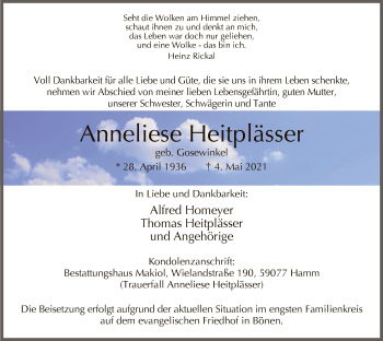 Todesanzeige von Anneliese Heitplässer von WA