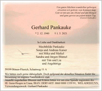 Todesanzeige von Gerhard Pankauke von WA