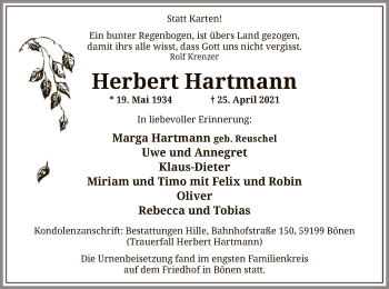 Todesanzeige von Herbert Hartmann von WA