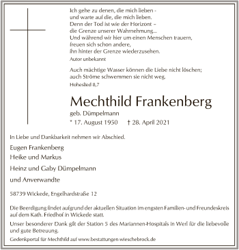 Todesanzeige von Mechthild Frankenberg von WA