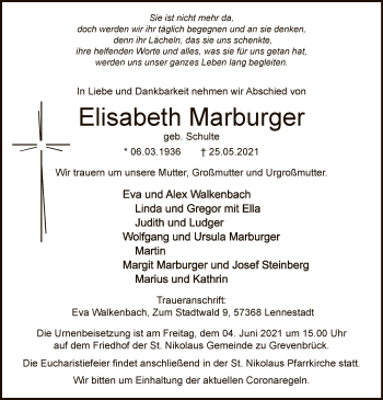 Todesanzeige von Elisabeth Marburger von WA