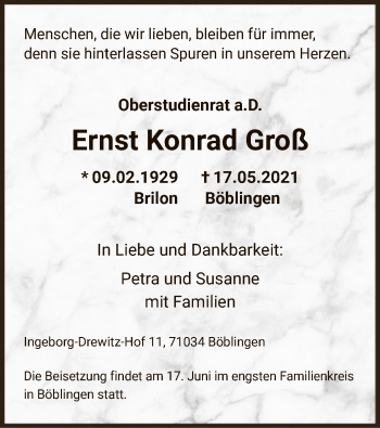 Todesanzeige von Ernst Konrad Groß von WA