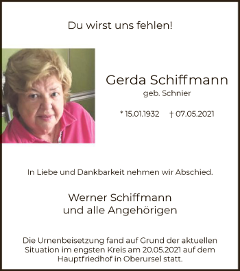 Todesanzeige von Gerda Schiffmann von WA