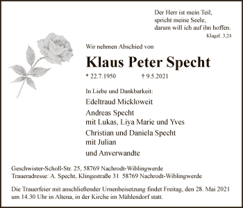Todesanzeige von Klaus Peter Specht von WA