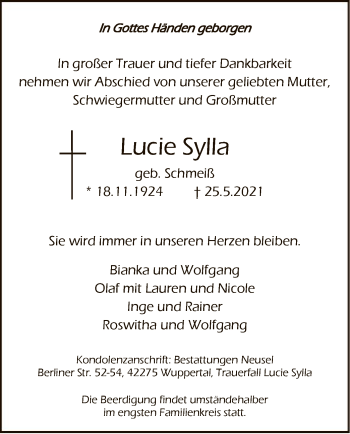 Todesanzeige von Lucie Sylla von WA