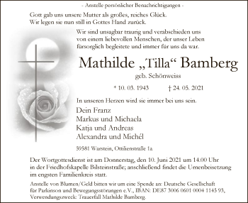 Todesanzeige von Mathilde Bamberg von WA