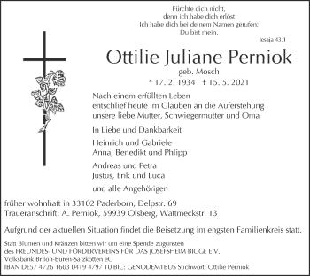 Todesanzeige von Ottilie Juliane Perniok von WA