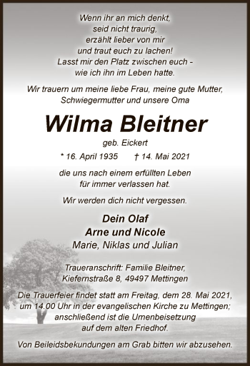 Todesanzeige von Wilma Bleitner von WA