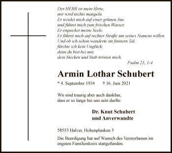 Todesanzeige von Armin Schubert von WA