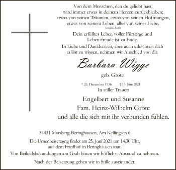 Todesanzeige von Barbara Wigge von WA