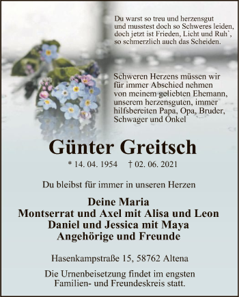 Todesanzeige von Günter Greitsch von WA