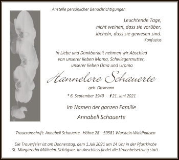 Todesanzeige von Hannelore Schauerte von WA