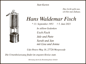 Todesanzeige von Hans Waldemar Fisch von WA