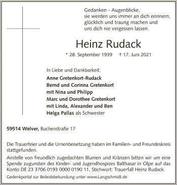 Todesanzeige von Heinz Rudack von WA