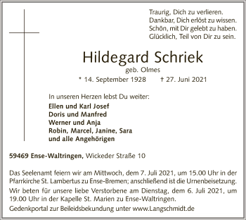 Todesanzeige von Hildegard Schriek von WA