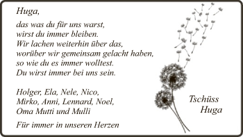 Todesanzeige von Huga  von WA