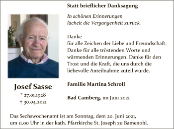 Todesanzeige von Josef Sasse von WA