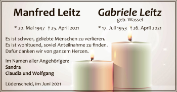 Todesanzeige von Manfred und Gabriele Leitz von WA