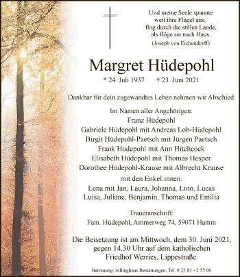 Todesanzeige von Margret Hüdepohl von WA