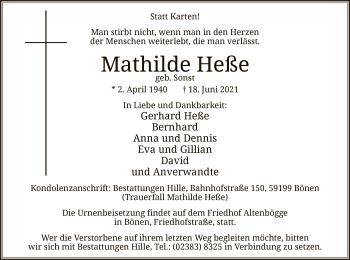 Todesanzeige von Mathilde Heße von WA