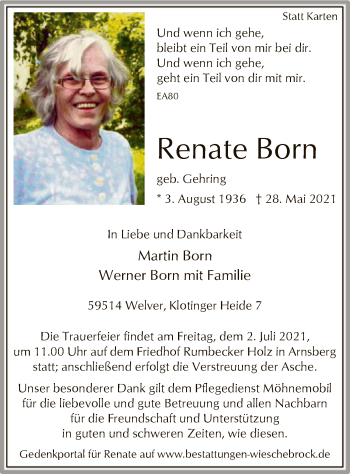 Todesanzeige von Renate Born von WA