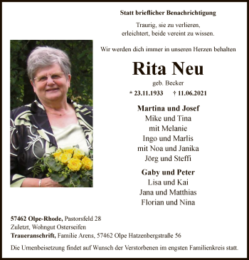 Todesanzeige von Rita Neu von WA