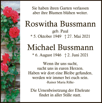 Todesanzeige von Roswitha und Michael Bussmann von WA