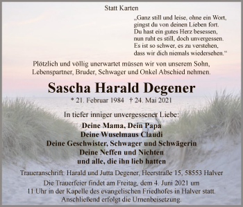 Todesanzeige von Sascha Harald Degener von WA