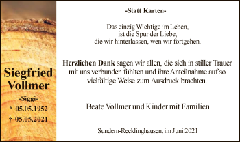 Todesanzeige von Siegfried Vollmer von WA