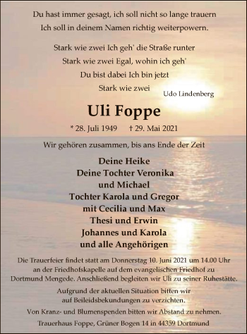 Todesanzeige von Uli Foppe von WA