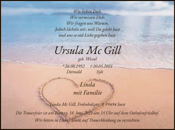Todesanzeige von Ursula Mc Gill von WA