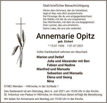 Todesanzeige von Attendorn Opitz von WA