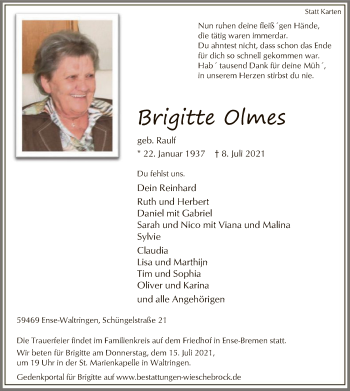 Todesanzeige von Brigitte Olmes von WA