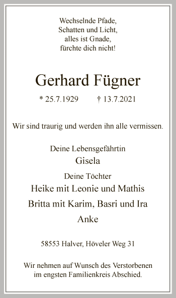 Todesanzeige von Gerhard Fügner von WA