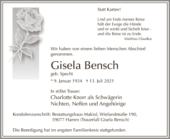 Todesanzeige von Gisela Bensch von WA
