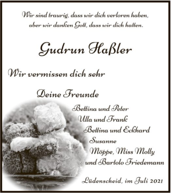 Todesanzeige von Gudrun Haßler von WA