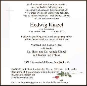 Todesanzeige von Hedwig Kinzel von WA