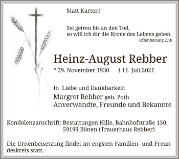 Todesanzeige von Heinz-August Rebber von WA