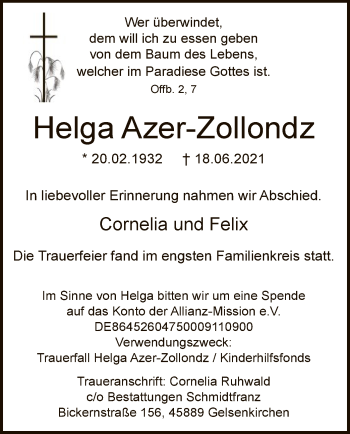 Todesanzeige von Helga Azer-Zollondz von WA