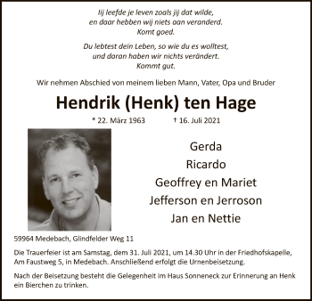 Todesanzeige von Hendrik ten Hage von WA