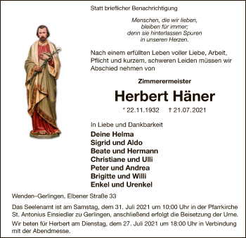 Todesanzeige von Herbert Häner von WA