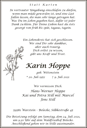 Todesanzeige von Karin Hoppe von WA