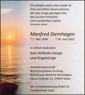Todesanzeige von Manfred Steinhagen von WA