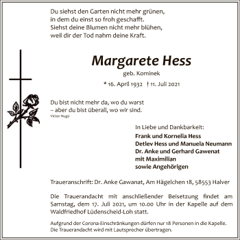 Todesanzeige von Margarete Hess von WA