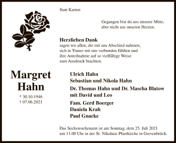 Todesanzeige von Margret Hahn von WA