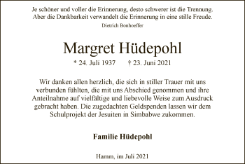 Todesanzeige von Margret Hüdepohl von WA