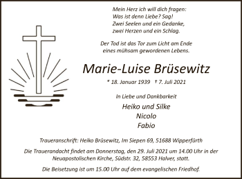 Todesanzeige von Marie-Luise Brüsewitz von WA